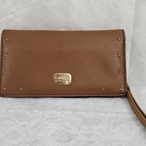 Ralph Lauren Handbags - Ralph Lauren Brown Leather Wristlet with Gold Details. #090